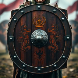 A striking front view of a battle shield carried by a soldier, showcasing a robust and traditionally designed shield