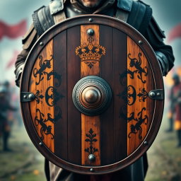 A striking front view of a battle shield carried by a soldier, showcasing a robust and traditionally designed shield