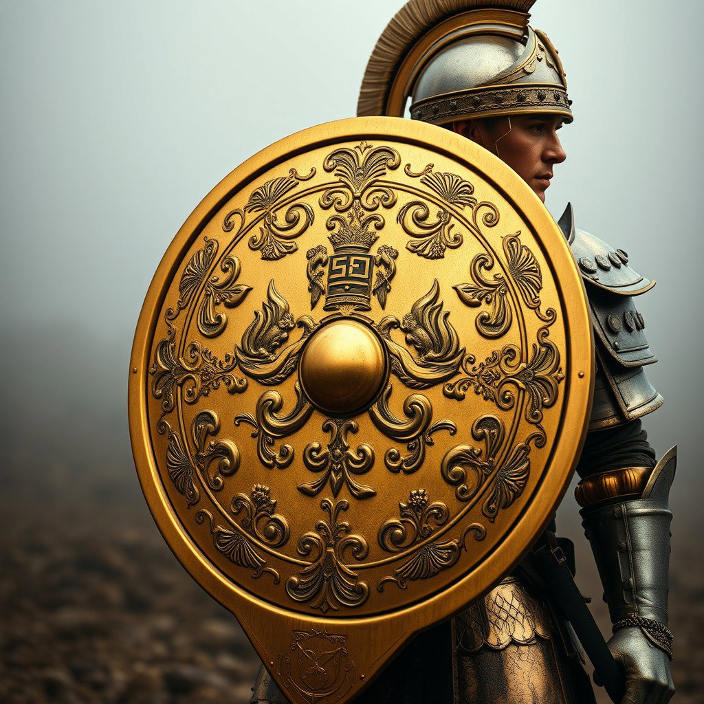 A captivating front view of a gold battle shield carried by a soldier who is standing in a side profile pose