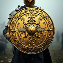 A captivating front view of a gold battle shield carried by a soldier who is standing in a side profile pose