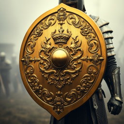 A captivating front view of a gold battle shield carried by a soldier who is standing in a side profile pose