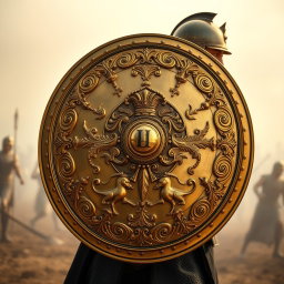 A captivating front view of a gold battle shield carried by a soldier who is standing in a side profile pose