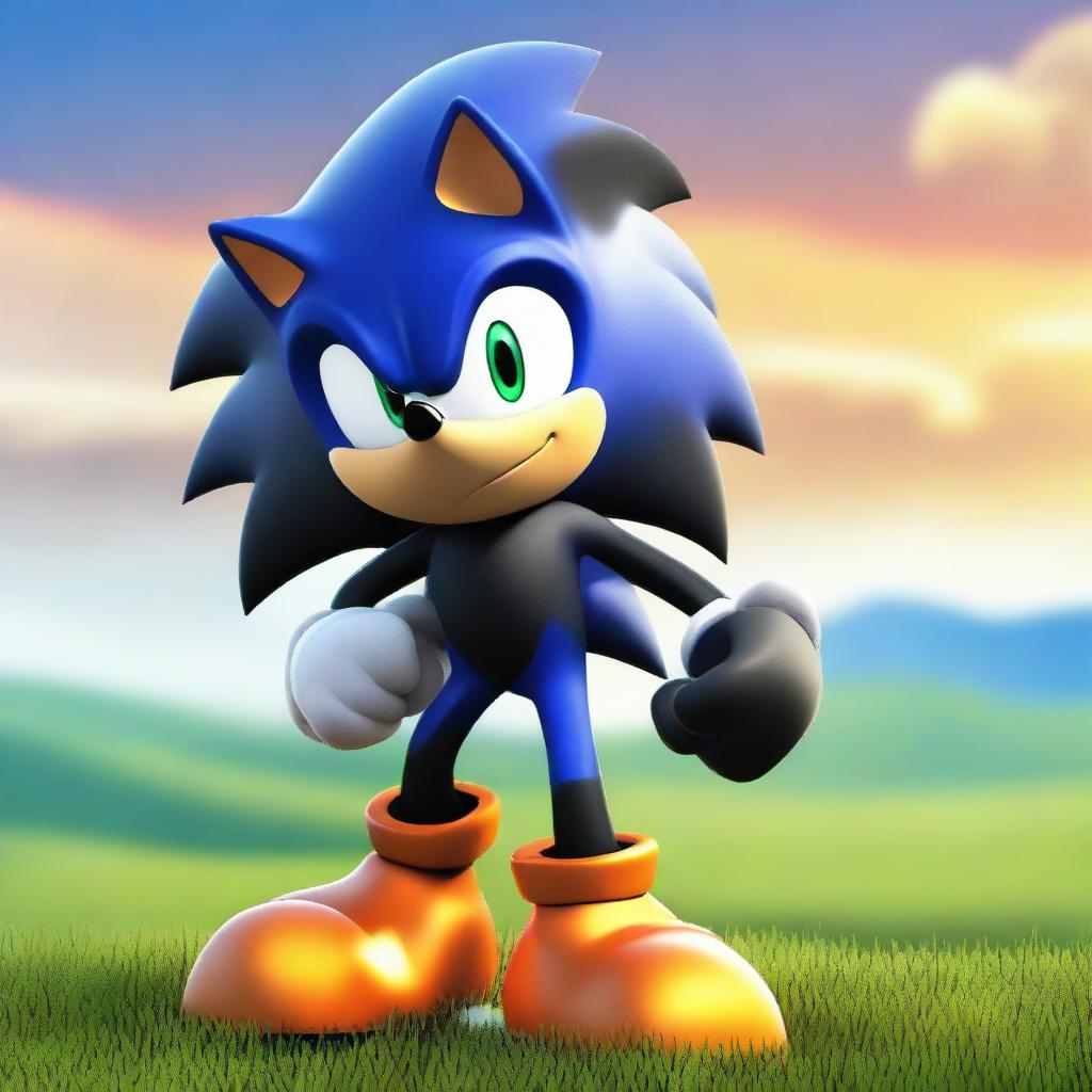 The black version of Sonic the Hedgehog, now with vibrant orange rings adorning his gloves, standing confidently on a grassy hill against a bright sky.