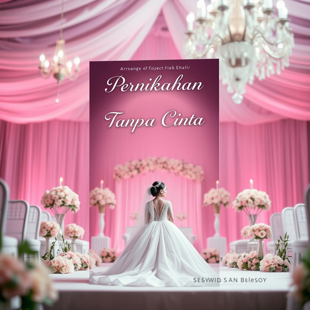 A romantic book cover design titled 'Pernikahan Tanpa Cinta' featuring a dramatic background that captures the essence of an arranged wedding without love