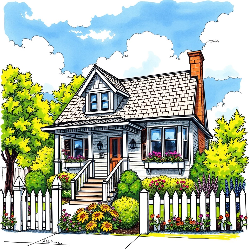 A detailed sketch of a charming house, featuring a steep roof with shingles, a front porch with steps, large windows with flower boxes, and a white picket fence