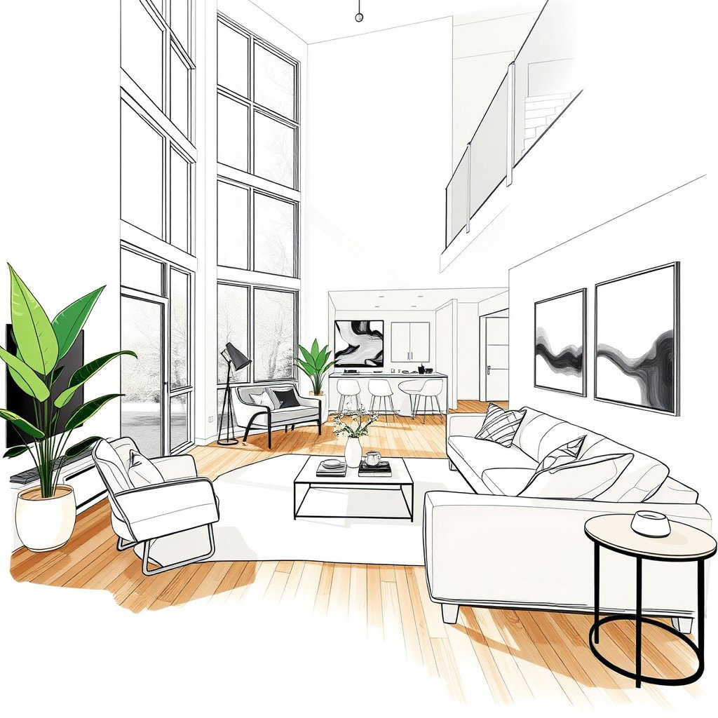 A beautifully detailed interior design sketch of a modern living room, featuring a spacious layout with high ceilings, minimalistic furniture in a neutral color palette, large windows letting in natural light, and a cozy ambiance