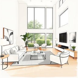 A beautifully detailed interior design sketch of a modern living room, featuring a spacious layout with high ceilings, minimalistic furniture in a neutral color palette, large windows letting in natural light, and a cozy ambiance