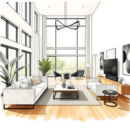 A beautifully detailed interior design sketch of a modern living room, featuring a spacious layout with high ceilings, minimalistic furniture in a neutral color palette, large windows letting in natural light, and a cozy ambiance