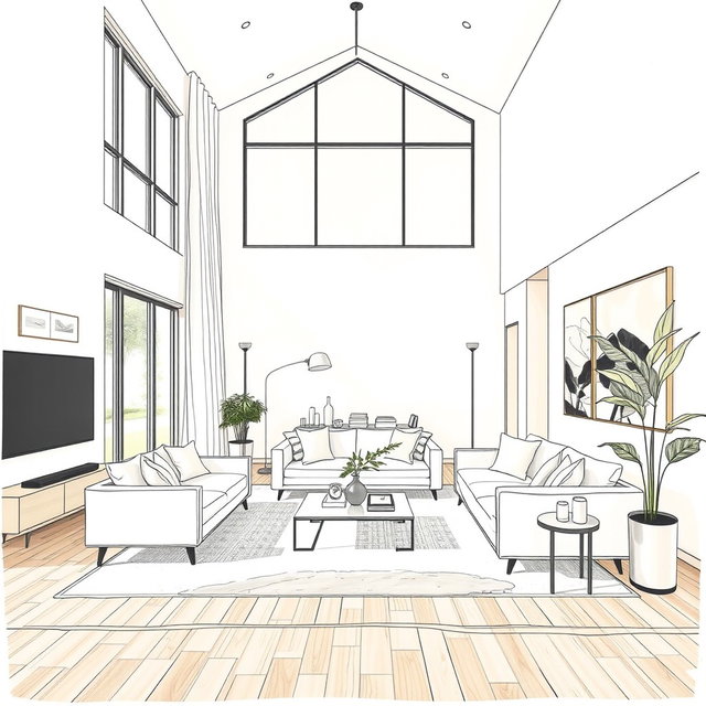 A beautifully detailed interior design sketch of a modern living room, featuring a spacious layout with high ceilings, minimalistic furniture in a neutral color palette, large windows letting in natural light, and a cozy ambiance