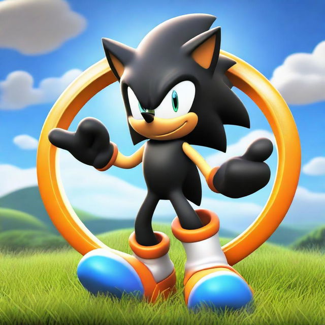 The black version of Sonic the Hedgehog, now with vibrant orange rings adorning his gloves, standing confidently on a grassy hill against a bright sky.