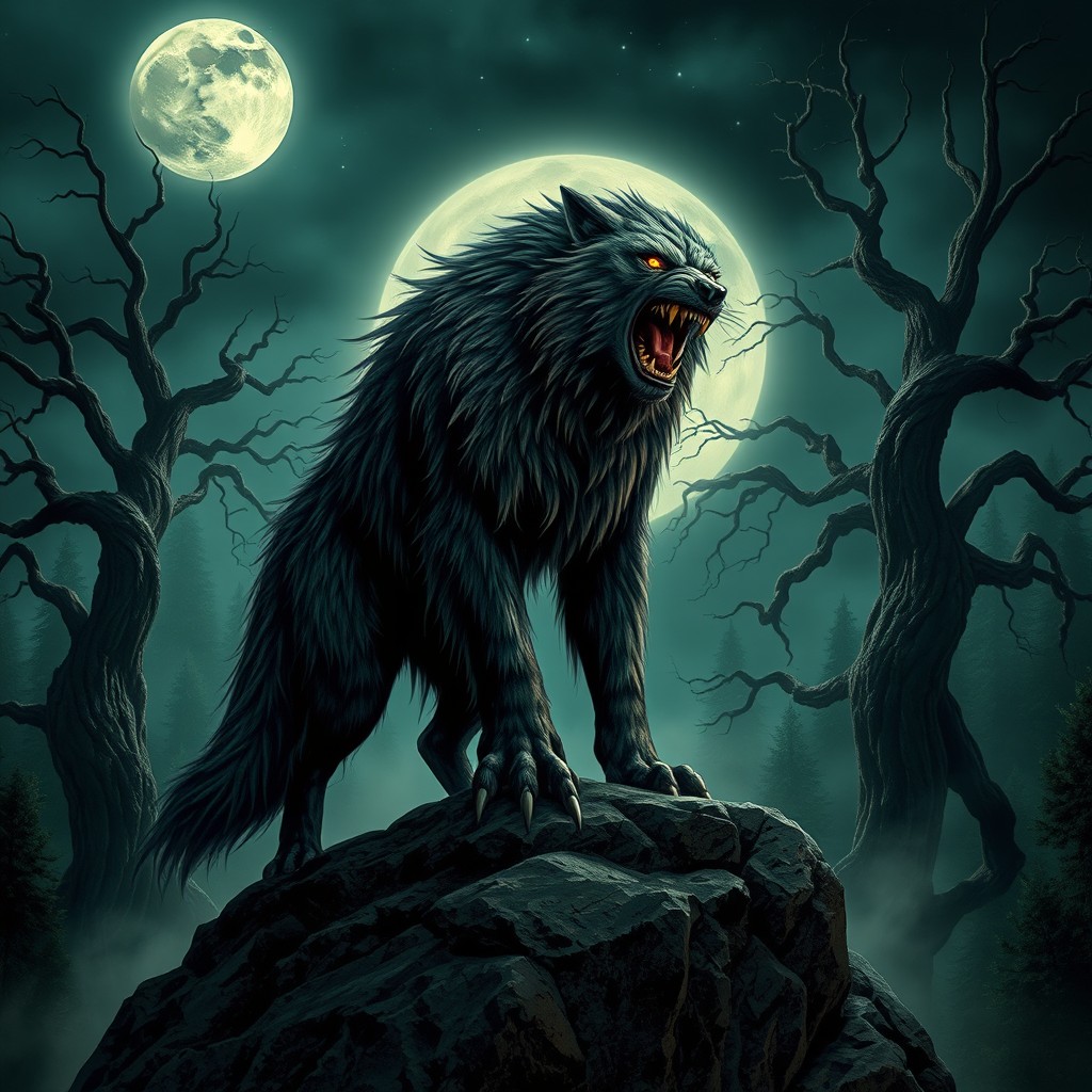 A powerful werewolf standing majestically on a rocky outcrop under a full moon, surrounded by a misty forest