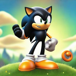 The black version of Sonic the Hedgehog, now with vibrant orange rings adorning his gloves, standing confidently on a grassy hill against a bright sky.