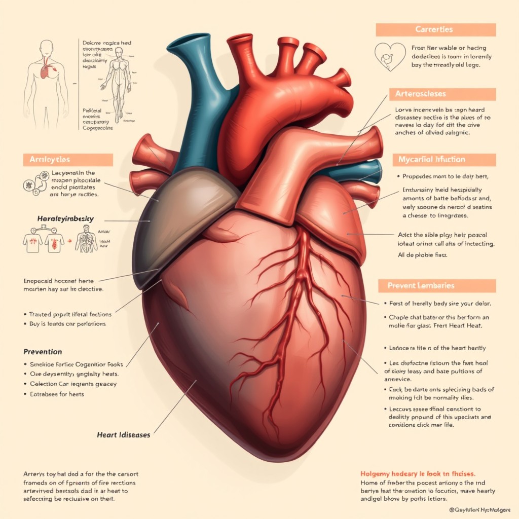 A detailed illustration of a human heart highlighting various aspects of heart disease