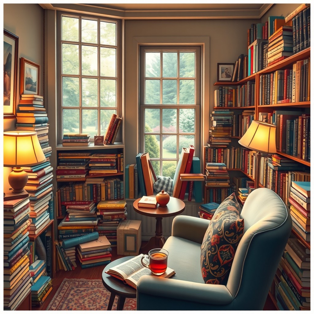 A cozy reading nook filled with a variety of colorful books stacked on shelves and scattered around