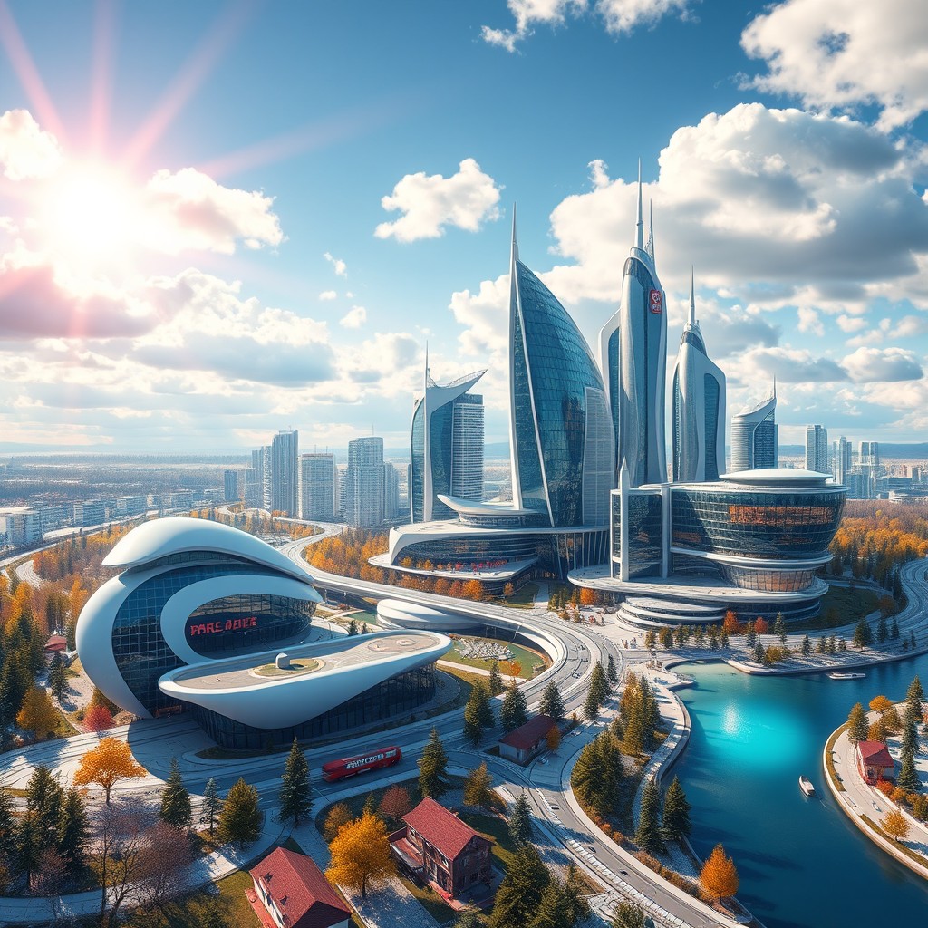 Design a modern futuristic city set against the beautiful backdrop of Siberian nature