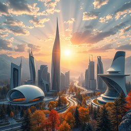 Design a modern futuristic city set against the beautiful backdrop of Siberian nature