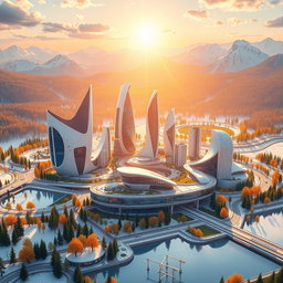 Design a modern futuristic city set against the beautiful backdrop of Siberian nature
