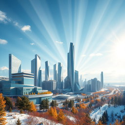 Design a modern futuristic city set against the beautiful backdrop of Siberian nature