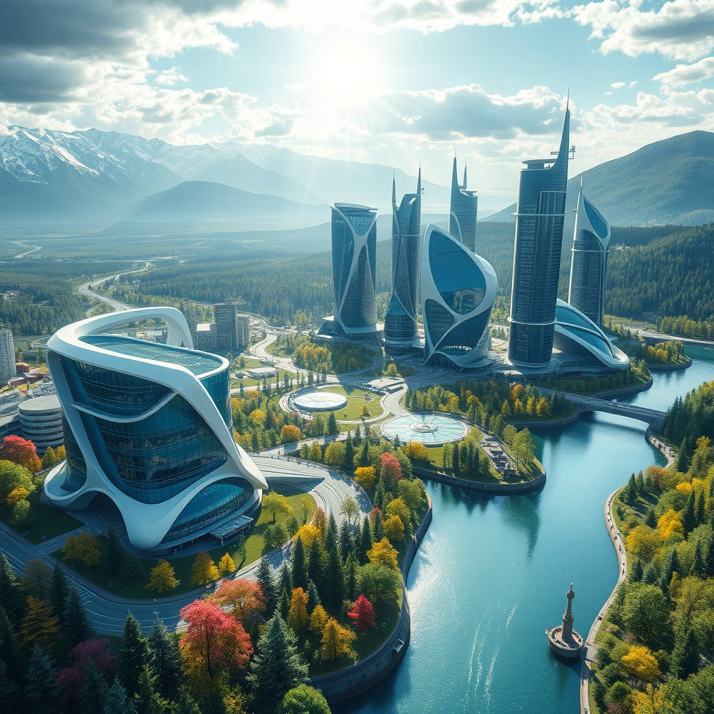 Create a modern futuristic city design set against the lush backdrop of Siberian nature