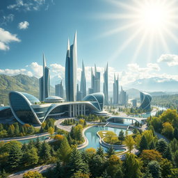 Create a modern futuristic city design set against the lush backdrop of Siberian nature