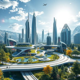 Create a modern futuristic city design set against the lush backdrop of Siberian nature