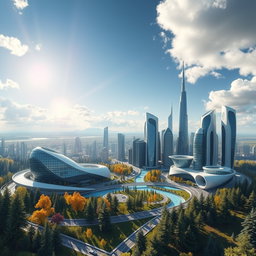 Create a modern futuristic city design set against the lush backdrop of Siberian nature