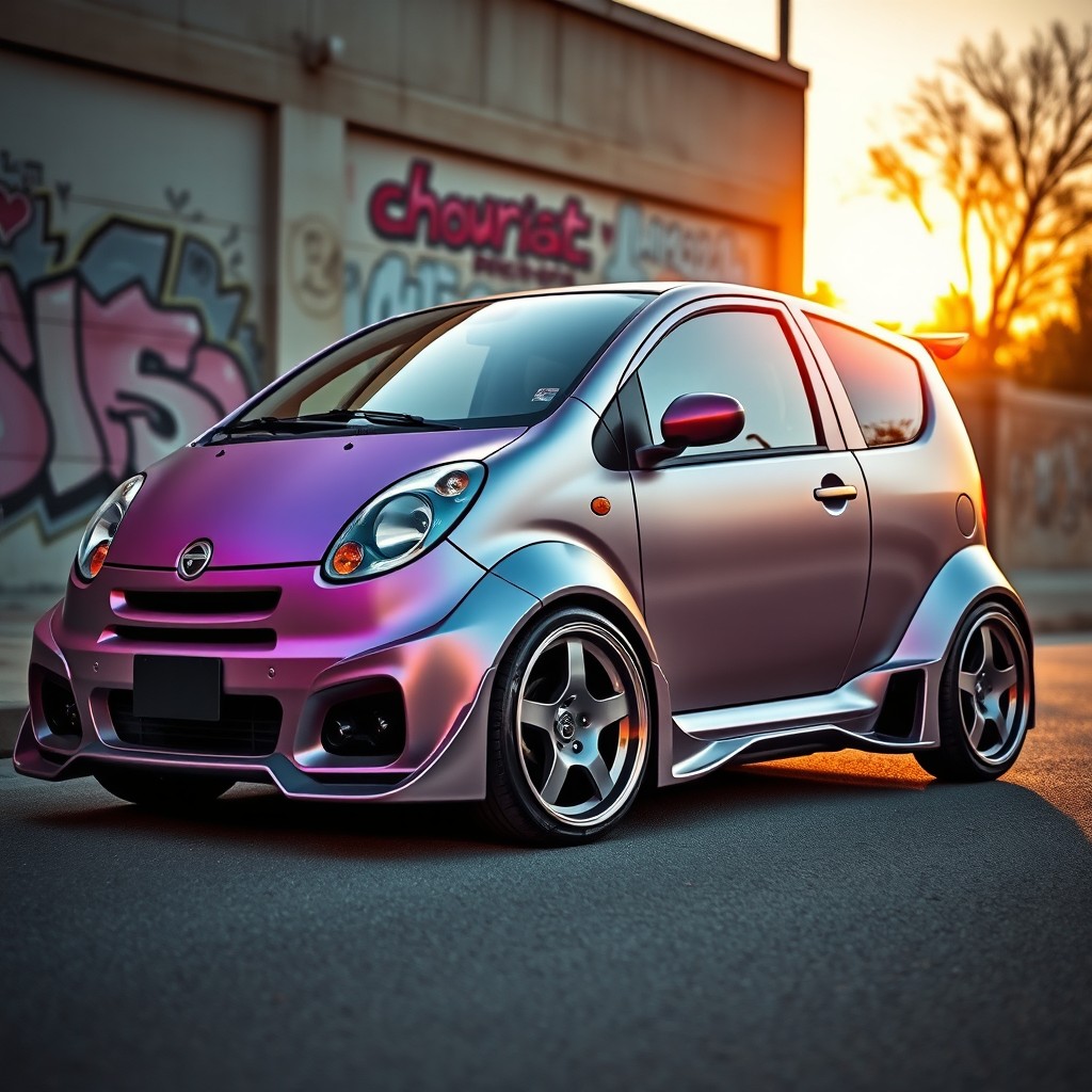 A highly stylized and customized Daewoo Matiz hatchback, showcasing its unique tuning design