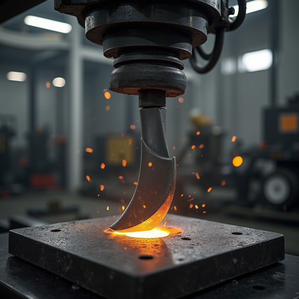 A dramatic shot of a composite axe bending from the middle under intense hydraulic pressure