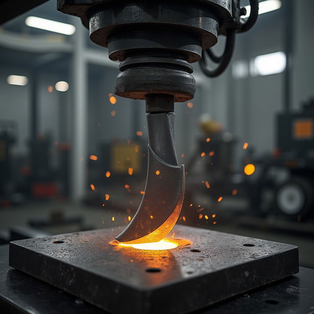 A dramatic shot of a composite axe bending from the middle under intense hydraulic pressure