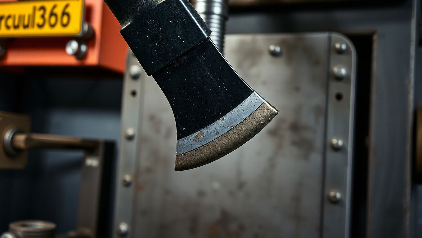 A striking image of a black axe bending at the midpoint due to hydraulic pressure application