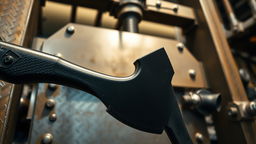 A striking image of a black axe bending at the midpoint due to hydraulic pressure application