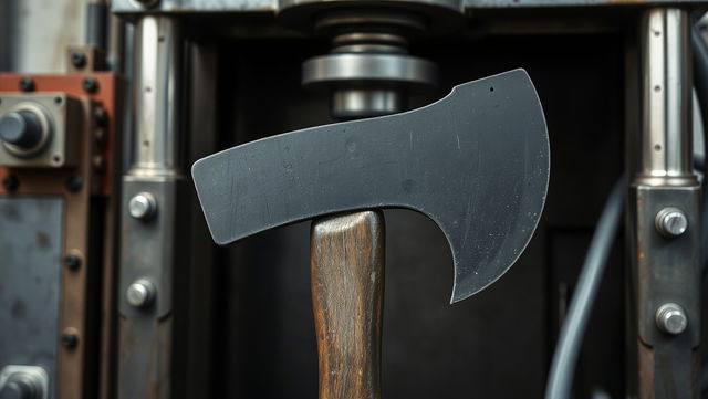 A striking image of a black axe bending at the midpoint due to hydraulic pressure application