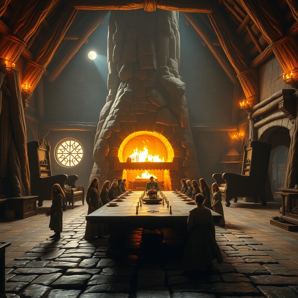 A high fantasy scene depicting humble peasants living inside a colossal house