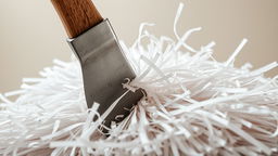 A close-up shot of an axe cutting into a thick pile of paper