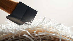A close-up shot of an axe cutting into a thick pile of paper