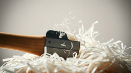 A close-up shot of an axe cutting into a thick pile of paper