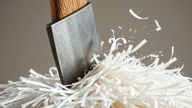 A close-up shot of an axe cutting into a thick pile of paper