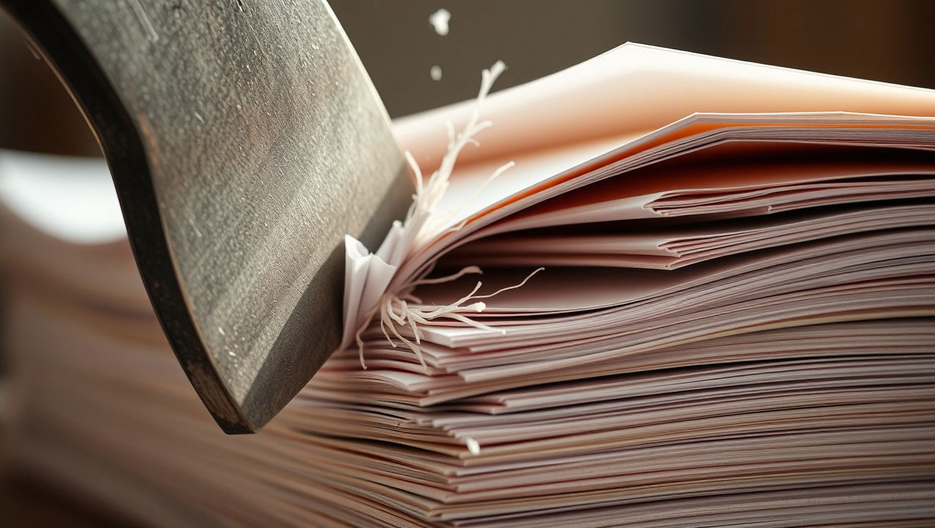 A close-up image of an axe cutting into a stack of paper sheets