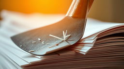 A close-up image of an axe cutting into a stack of paper sheets
