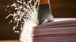 A close-up image of an axe cutting into a stack of paper sheets