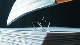 A close-up image of an axe cutting into a stack of paper sheets
