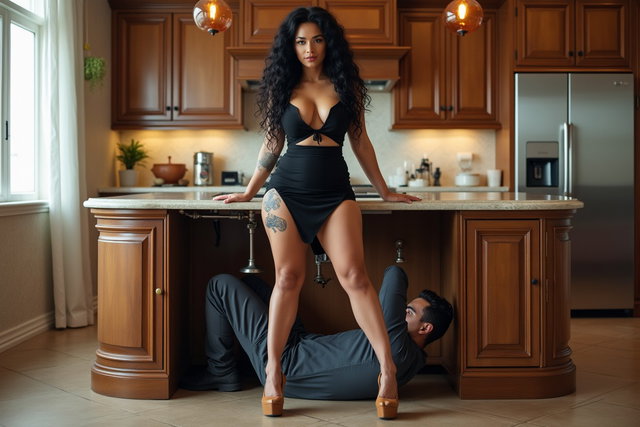 In a luxurious large kitchen, a woman stands in front of the sink, slightly bending with her legs apart in a crouching position