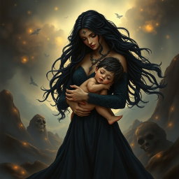 An evocative scene featuring a striking woman resembling Lilith, the dark goddess, gently carrying her son in a loving embrace