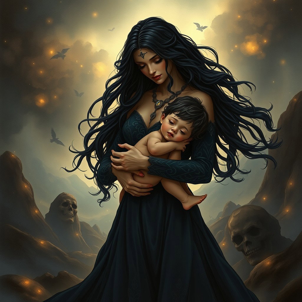 An evocative scene featuring a striking woman resembling Lilith, the dark goddess, gently carrying her son in a loving embrace