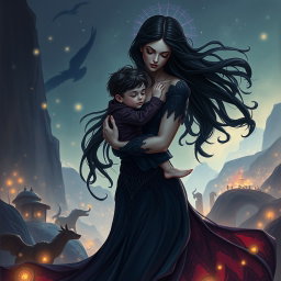 An evocative scene featuring a striking woman resembling Lilith, the dark goddess, gently carrying her son in a loving embrace