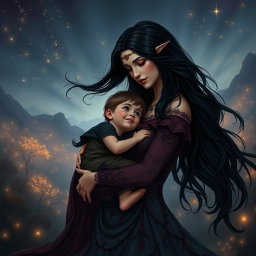 An evocative scene featuring a striking woman resembling Lilith, the dark goddess, gently carrying her son in a loving embrace