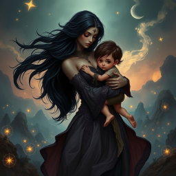 An evocative scene featuring a striking woman resembling Lilith, the dark goddess, gently carrying her son in a loving embrace