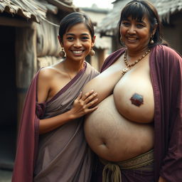 In a medieval Indian village, a young, very petite and malnourished Indian woman with decayed teeth is dressed in a long, fully-closed Buddhist robe