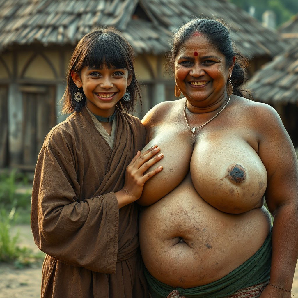In a medieval Indian village, a young, very petite and malnourished Indian woman with decayed teeth is dressed in a long, fully-closed Buddhist robe