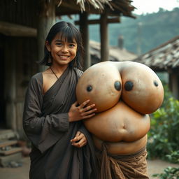 In a medieval Indian village, a young, very petite and malnourished Indian woman with decayed teeth is dressed in a long, fully-closed Buddhist robe